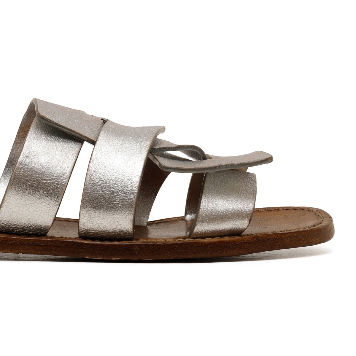 Metallic silver leather slide sandals